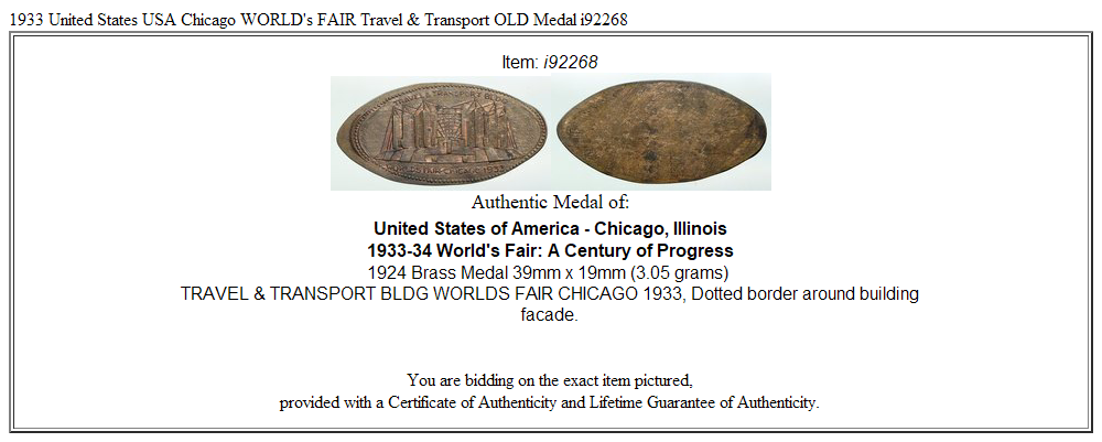 1933 United States USA Chicago WORLD's FAIR Travel & Transport OLD Medal i92268