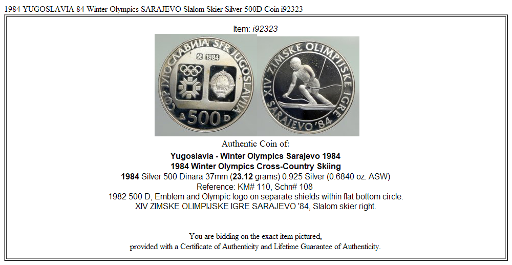 1984 YUGOSLAVIA 84 Winter Olympics SARAJEVO Slalom Skier Silver 500D Coin i92323