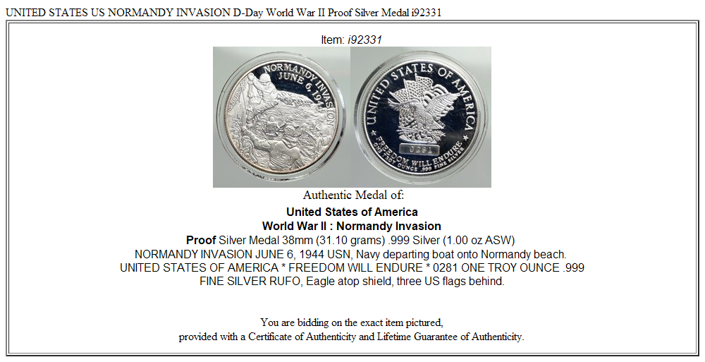 UNITED STATES US NORMANDY INVASION D-Day World War II Proof Silver Medal i92331