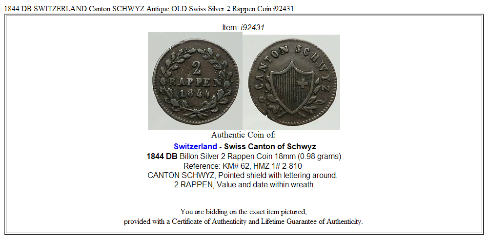 1844 DB SWITZERLAND Canton SCHWYZ Antique OLD Swiss Silver 2 Rappen Coin i92431