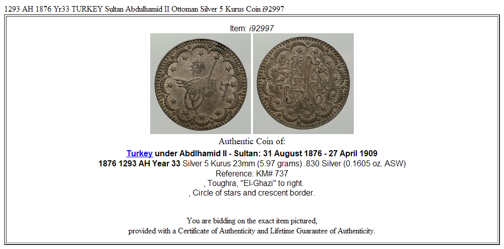 1293 AH 1876 Yr33 TURKEY Sultan Abdulhamid II Ottoman Silver 5 Kurus Coin i92997