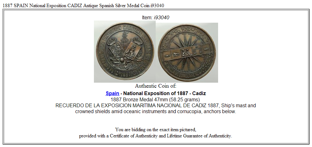 1887 SPAIN National Exposition CADIZ Antique Spanish Silver Medal Coin i93040