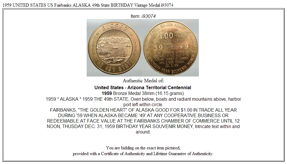 1959 UNITED STATES US Fairbanks ALASKA 49th State BIRTHDAY Vintage Medal i93074