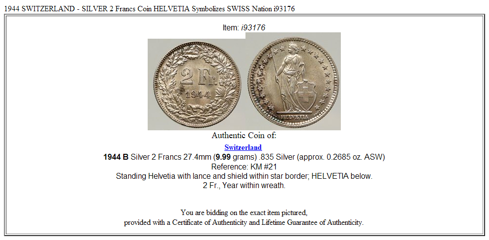 1944 SWITZERLAND - SILVER 2 Francs Coin HELVETIA Symbolizes SWISS Nation i93176