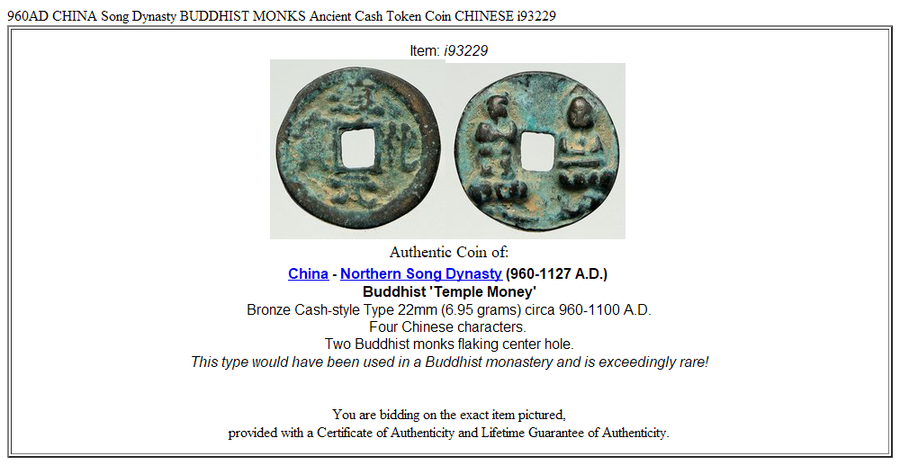 960AD CHINA Song Dynasty BUDDHIST MONKS Ancient Cash Token Coin CHINESE i93229