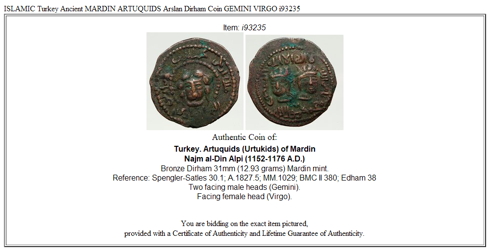 ISLAMIC Turkey Ancient MARDIN ARTUQUIDS Arslan Dirham Coin GEMINI VIRGO i93235