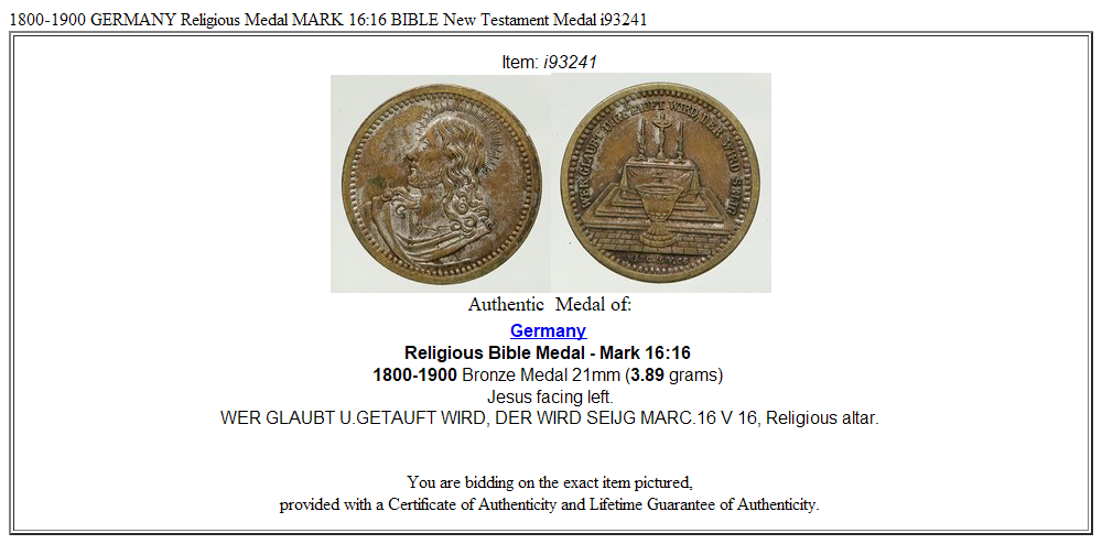 1800-1900 GERMANY Religious Medal MARK 16:16 BIBLE New Testament Medal i93241