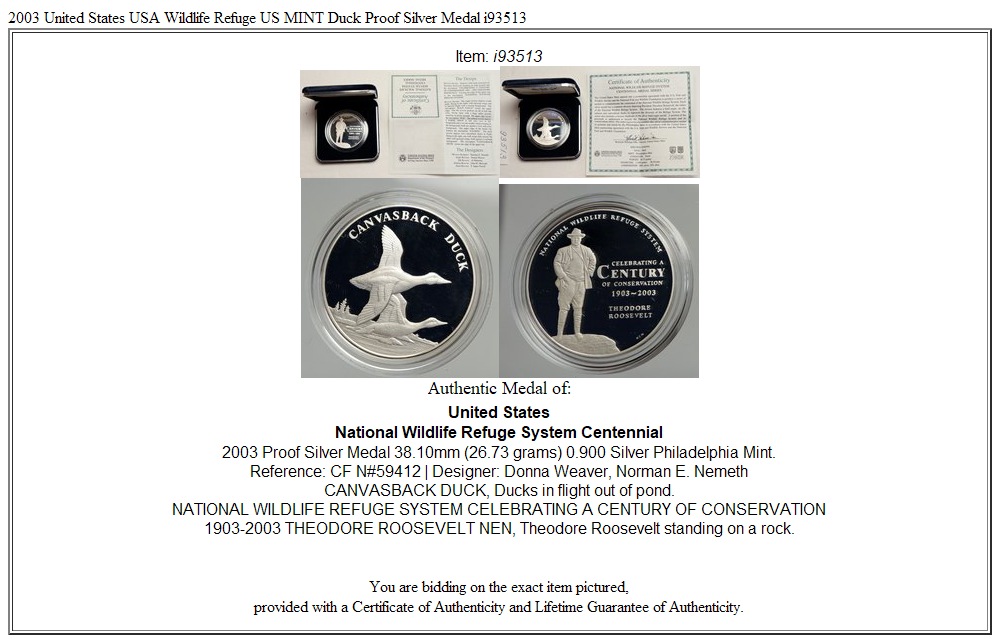 2003 United States USA Wildlife Refuge US MINT Duck Proof Silver Medal i93513