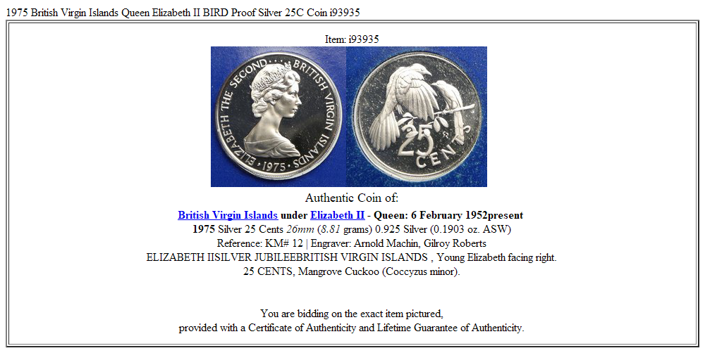 1975 British Virgin Islands Queen Elizabeth II BIRD Proof Silver 25C Coin i93935