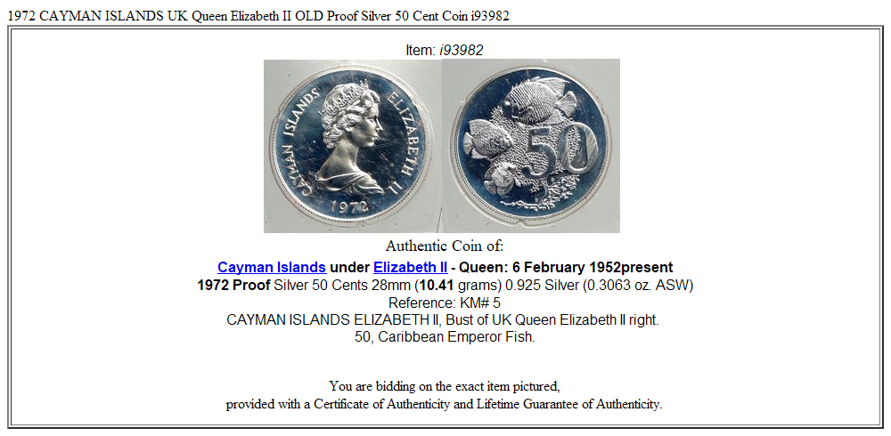 1972 CAYMAN ISLANDS UK Queen Elizabeth II OLD Proof Silver 50 Cent Coin i93982