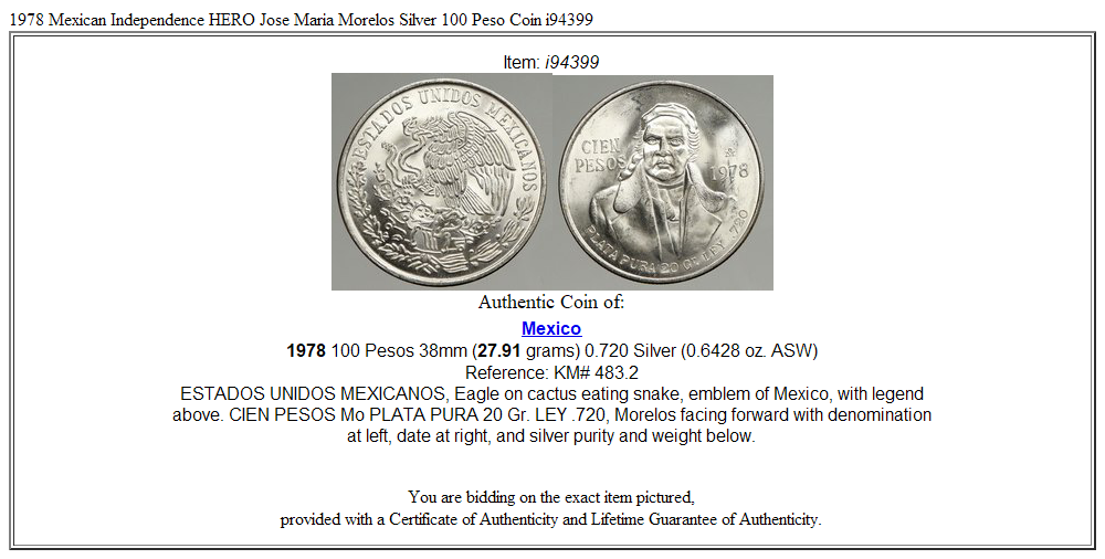 1978 Mexican Independence HERO Jose Maria Morelos Silver 100 Peso Coin i94399