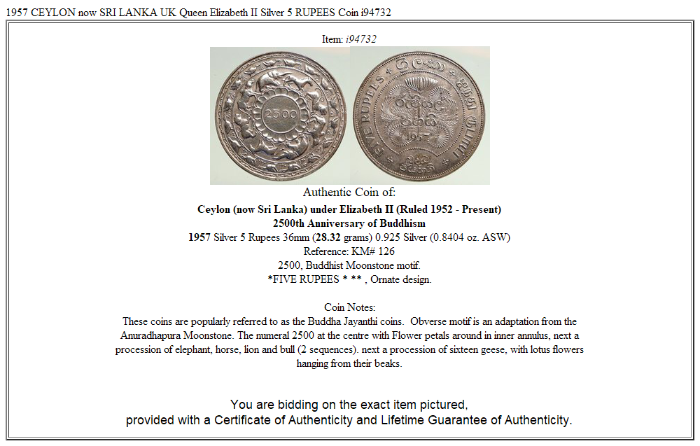 1957 CEYLON now SRI LANKA UK Queen Elizabeth II Silver 5 RUPEES Coin i94732