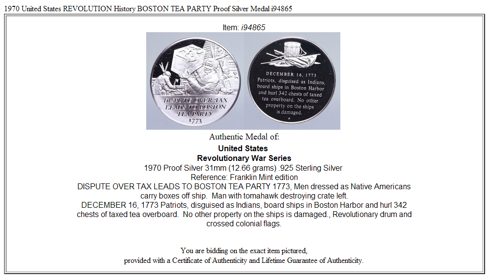 1970 United States REVOLUTION History BOSTON TEA PARTY Proof Silver Medal i94865