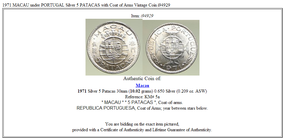 1971 MACAU under PORTUGAL Silver 5 PATACAS with Coat of Arms Vintage Coin i94929