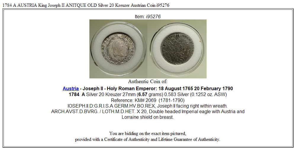 1784 A AUSTRIA King Joseph II ANITQUE OLD Silver 20 Kreuzer Austrian Coin i95276