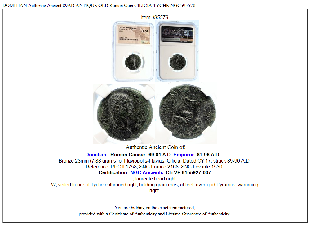 DOMITIAN Authentic Ancient 89AD ANTIQUE OLD Roman Coin CILICIA TYCHE NGC i95578