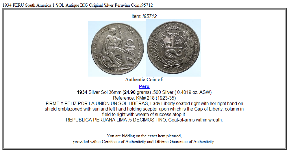 1934 PERU South America 1 SOL Antique BIG Original Silver Peruvian Coin i95712