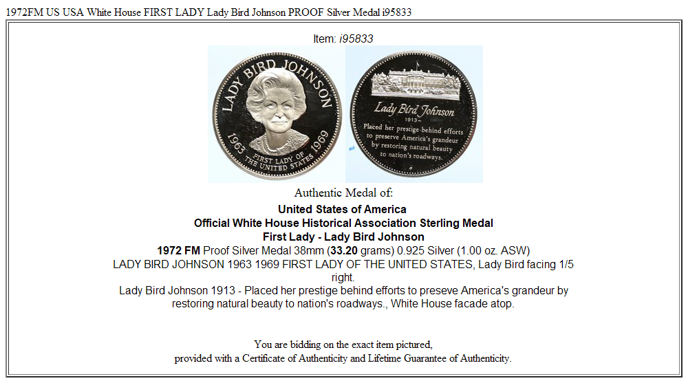 1972FM US USA White House FIRST LADY Lady Bird Johnson PROOF Silver Medal i95833