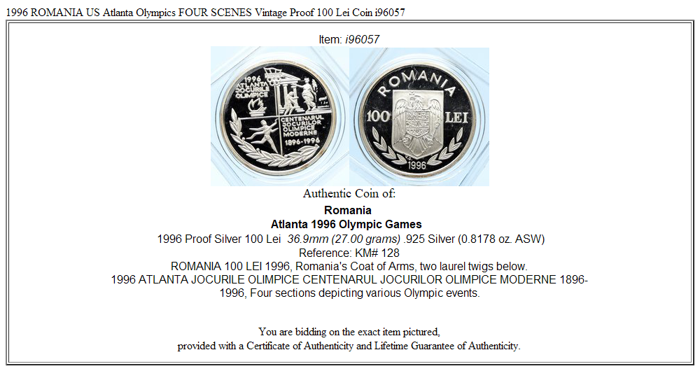 1996 ROMANIA US Atlanta Olympics FOUR SCENES Vintage Proof 100 Lei Coin i96057