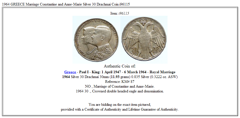 1964 GREECE Marriage Constantine and Anne-Marie Silver 30 Drachmai Coin i96115