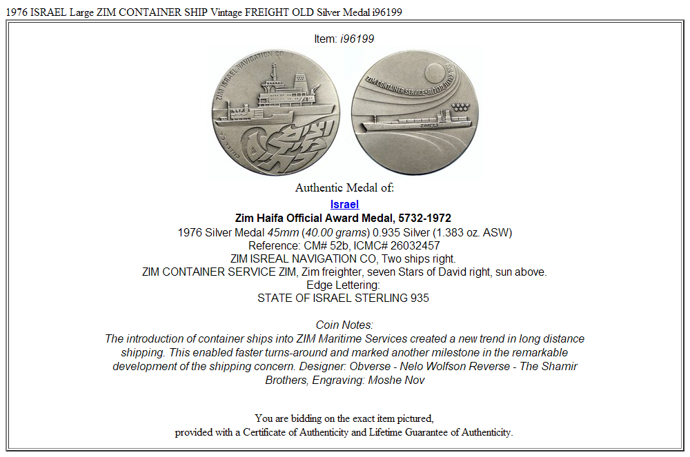 1976 ISRAEL Large ZIM CONTAINER SHIP Vintage FREIGHT OLD Silver Medal i96199