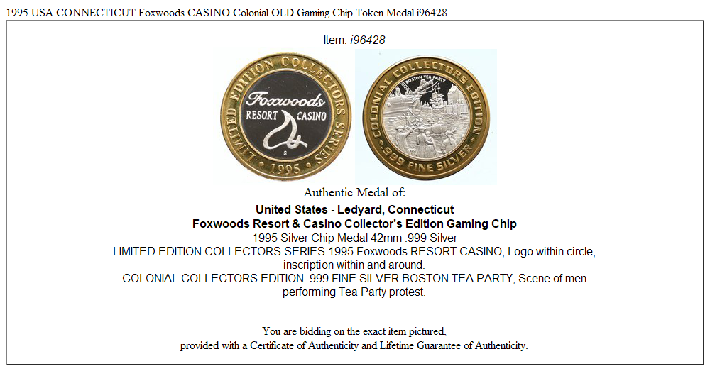 1995 USA CONNECTICUT Foxwoods CASINO Colonial OLD Gaming Chip Token Medal i96428