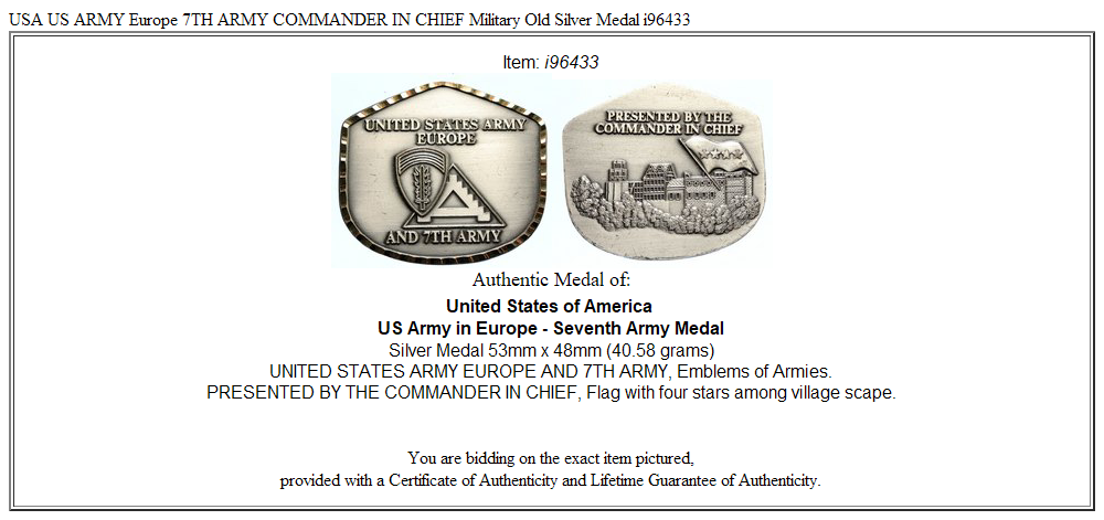 USA US ARMY Europe 7TH ARMY COMMANDER IN CHIEF Military Old Silver Medal i96433