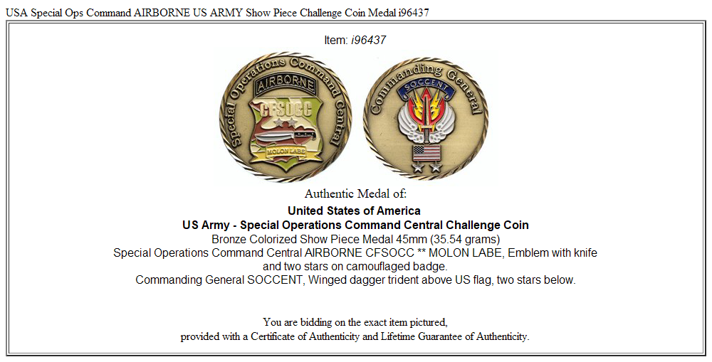 USA Special Ops Command AIRBORNE US ARMY Show Piece Challenge Coin Medal i96437