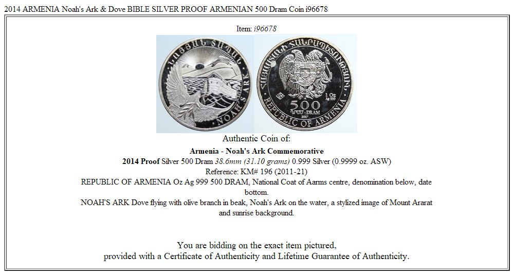 2014 ARMENIA Noah's Ark & Dove BIBLE SILVER PROOF ARMENIAN 500 Dram Coin i96678