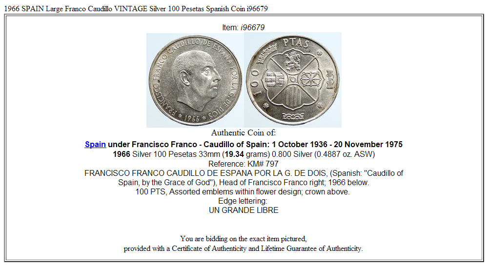 1966 SPAIN Large Franco Caudillo VINTAGE Silver 100 Pesetas Spanish Coin i96679