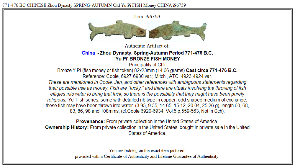 771-476 BC CHINESE Zhou Dynasty SPRING-AUTUMN Old Yu Pi FISH Money CHINA i96759