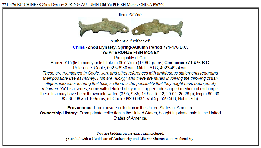 771-476 BC CHINESE Zhou Dynasty SPRING-AUTUMN Old Yu Pi FISH Money CHINA i96760