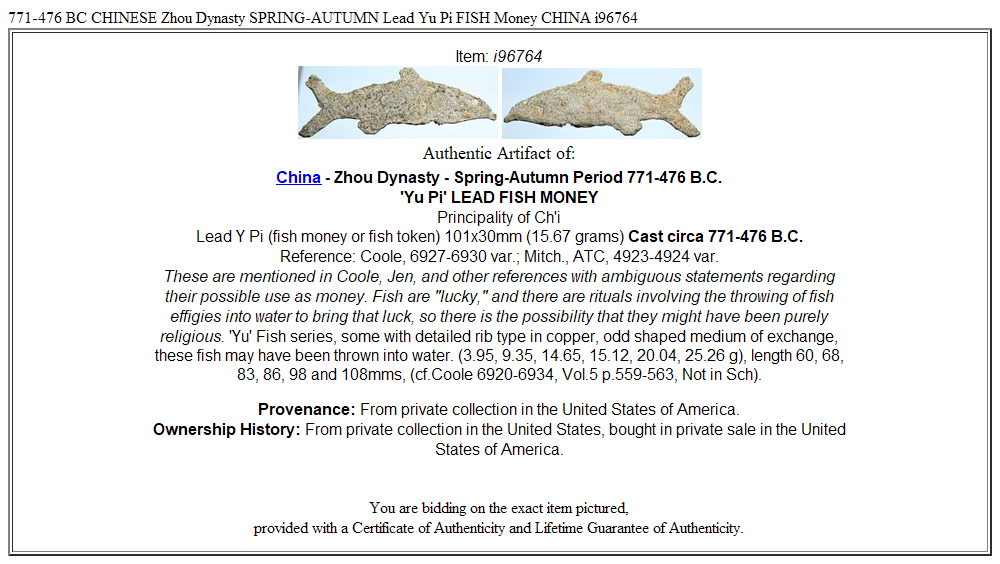 771-476 BC CHINESE Zhou Dynasty SPRING-AUTUMN Lead Yu Pi FISH Money CHINA i96764