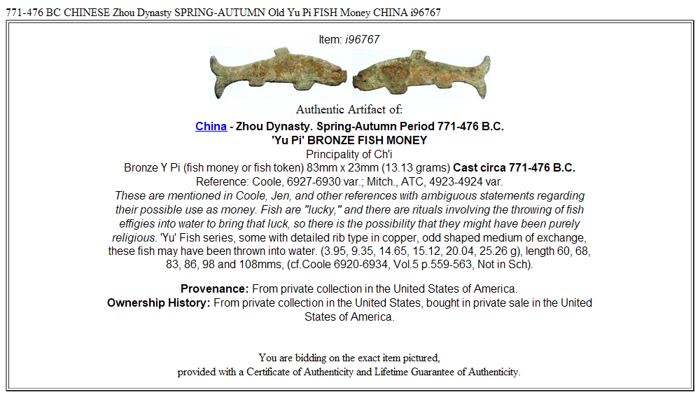 771-476 BC CHINESE Zhou Dynasty SPRING-AUTUMN Old Yu Pi FISH Money CHINA i96767