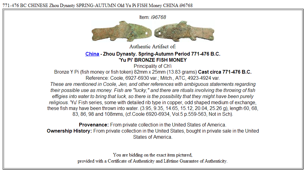 771-476 BC CHINESE Zhou Dynasty SPRING-AUTUMN Old Yu Pi FISH Money CHINA i96768
