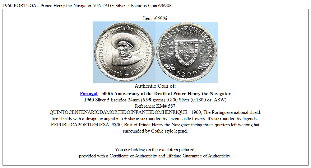 1960 PORTUGAL Prince Henry the Navigator VINTAGE Silver 5 Escudos Coin i96908