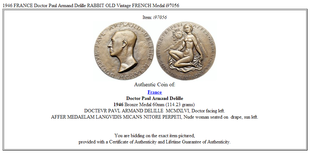 1946 FRANCE Doctor Paul Armand Delille RABBIT OLD Vintage FRENCH Medal i97056