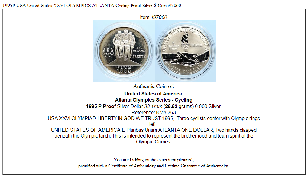 1995P USA United States XXVI OLYMPICS ATLANTA Cycling Proof Silver $ Coin i97060