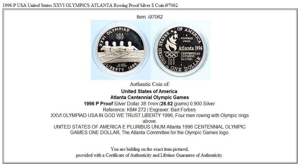 1996 P USA United States XXVI OLYMPICS ATLANTA Rowing Proof Silver $ Coin i97062