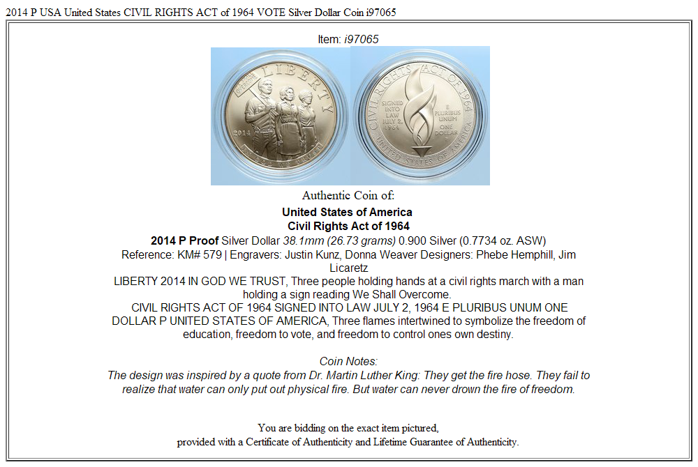 2014 P USA United States CIVIL RIGHTS ACT of 1964 VOTE Silver Dollar Coin i97065