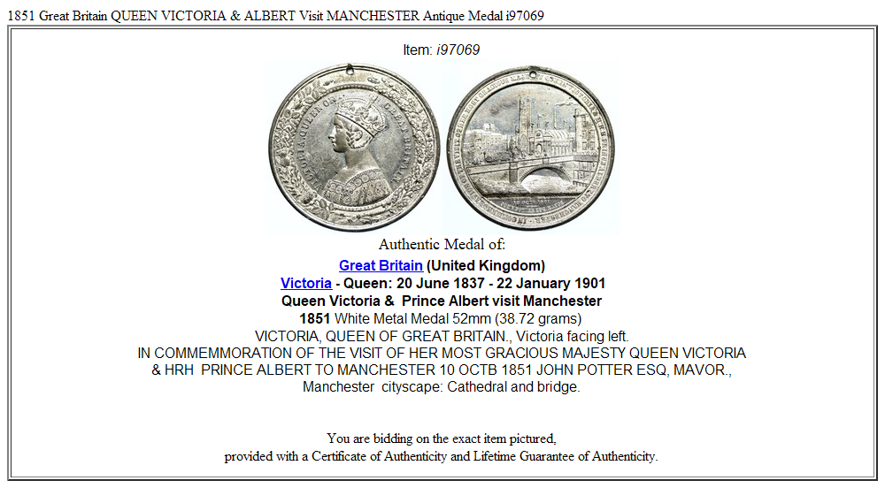 1851 Great Britain QUEEN VICTORIA & ALBERT Visit MANCHESTER Antique Medal i97069