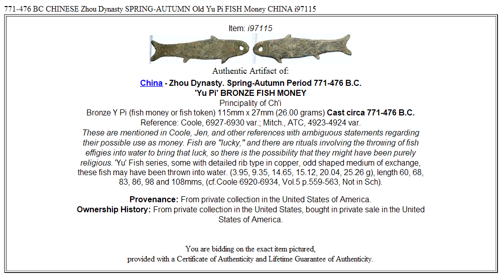 771-476 BC CHINESE Zhou Dynasty SPRING-AUTUMN Old Yu Pi FISH Money CHINA i97115