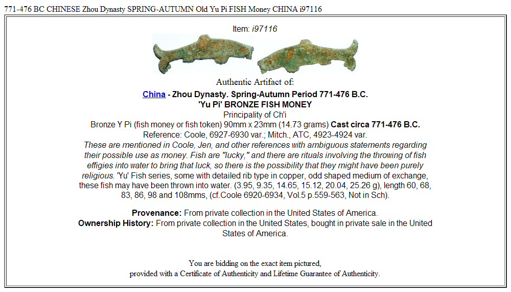 771-476 BC CHINESE Zhou Dynasty SPRING-AUTUMN Old Yu Pi FISH Money CHINA i97116