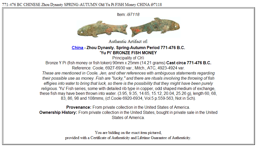 771-476 BC CHINESE Zhou Dynasty SPRING-AUTUMN Old Yu Pi FISH Money CHINA i97118