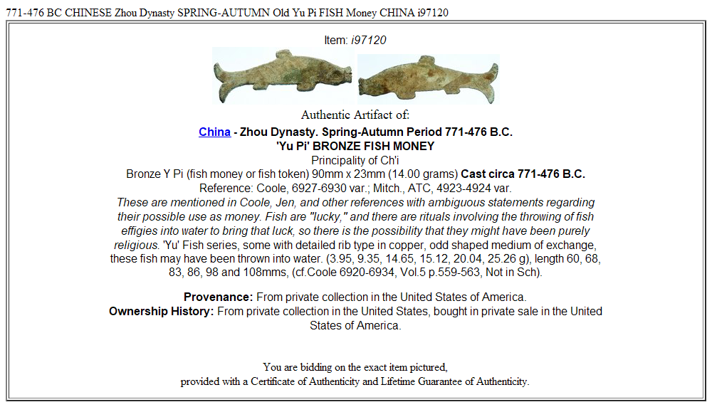 771-476 BC CHINESE Zhou Dynasty SPRING-AUTUMN Old Yu Pi FISH Money CHINA i97120