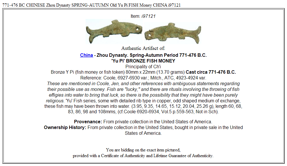 771-476 BC CHINESE Zhou Dynasty SPRING-AUTUMN Old Yu Pi FISH Money CHINA i97121