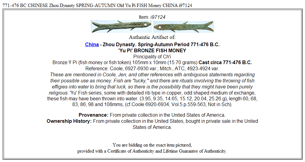 771-476 BC CHINESE Zhou Dynasty SPRING-AUTUMN Old Yu Pi FISH Money CHINA i97124