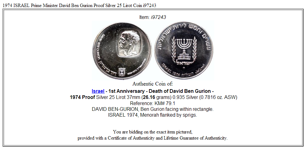 1974 ISRAEL Prime Minister David Ben Gurion Proof Silver 25 Lirot Coin i97243