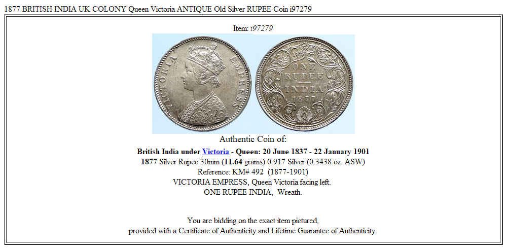 1877 BRITISH INDIA UK COLONY Queen Victoria ANTIQUE Old Silver RUPEE Coin i97279