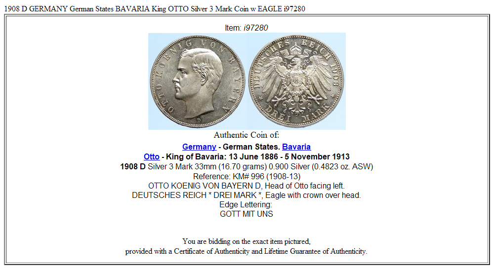 1908 D GERMANY German States BAVARIA King OTTO Silver 3 Mark Coin w EAGLE i97280